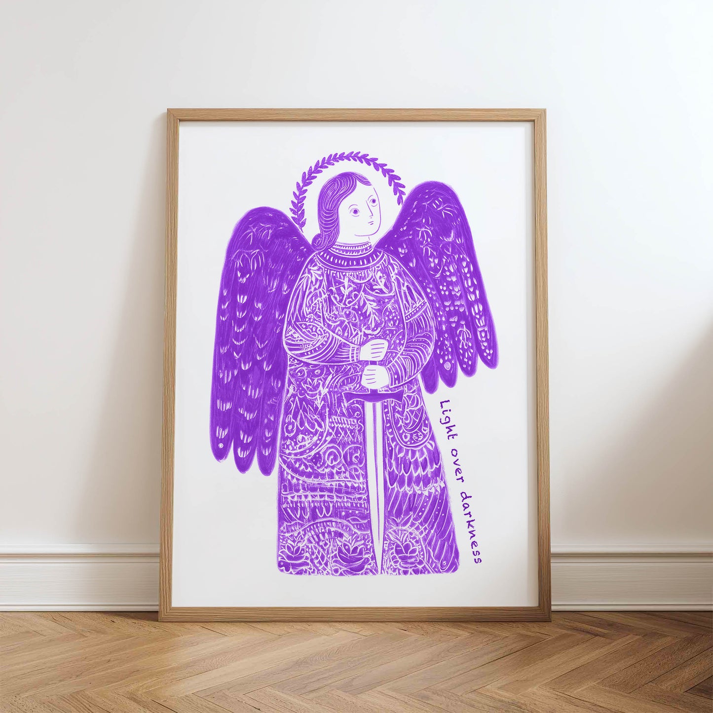 St Michael the Archangel Art Print - Purple physical art print mockup