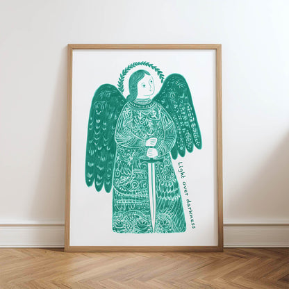 St Michael the Archangel Art Print - Teal physical art print mockup