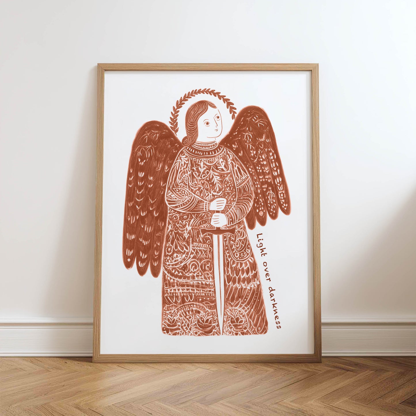 St Michael the Archangel Art Print - Terracotta physical art print mockup