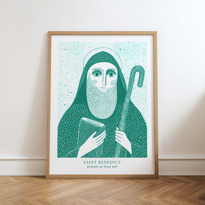 St Benedict Art Print - Teal physical art print mockup
