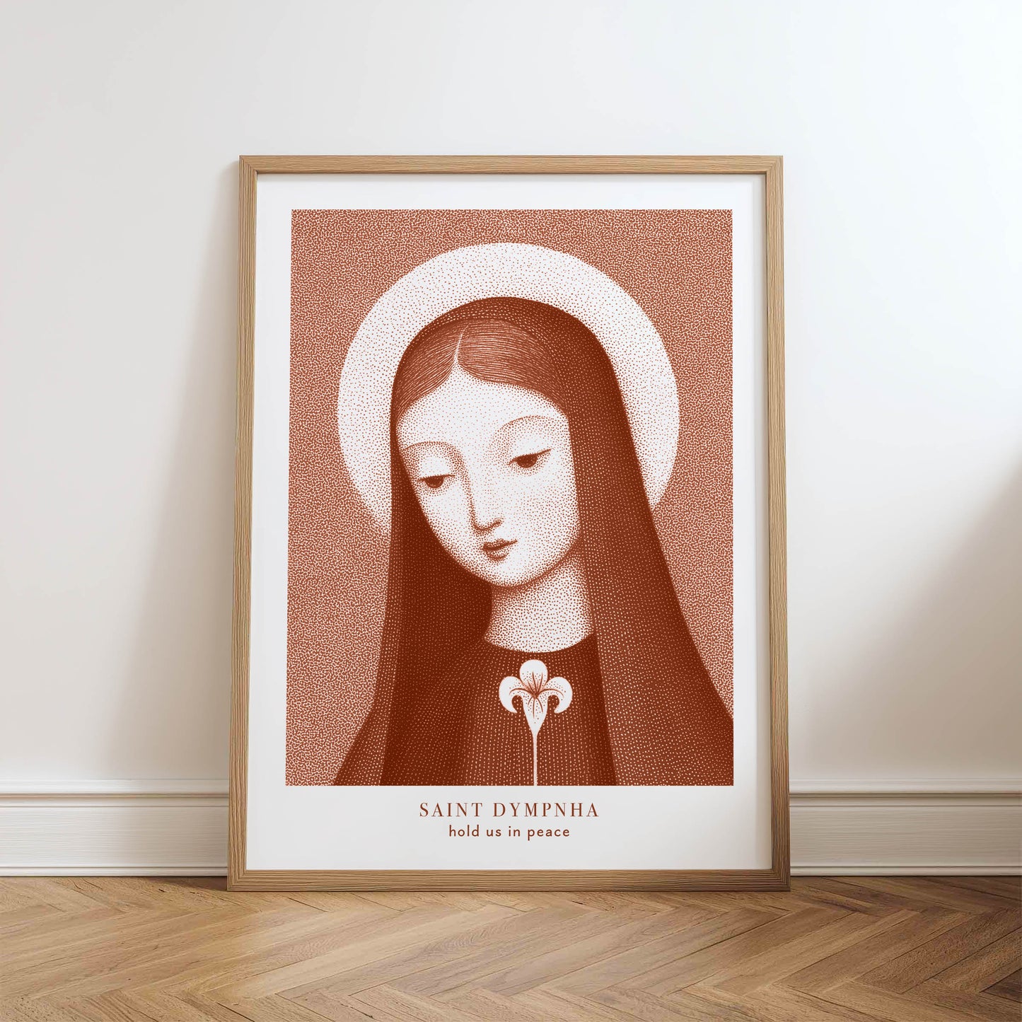 St Dymphna Art Print - Terracotta physical art print mockup