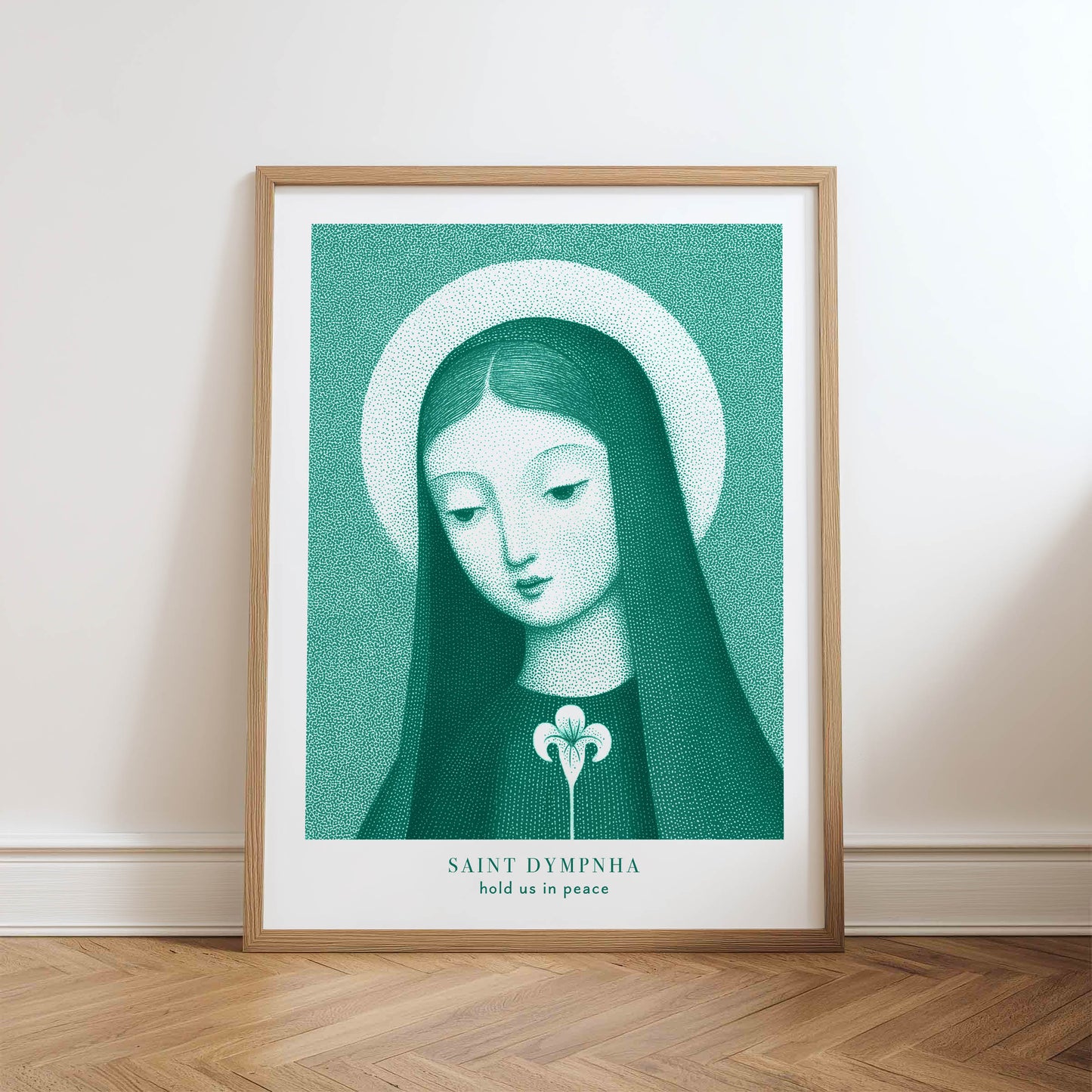 St Dymphna Art Print - Teal physical art print mockup