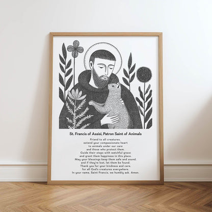 St Francis with Cat Art Print - Black physical art print mockup