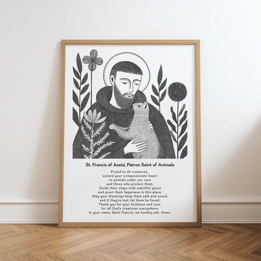 St Francis with Cat Art Print - Black physical art print mockup