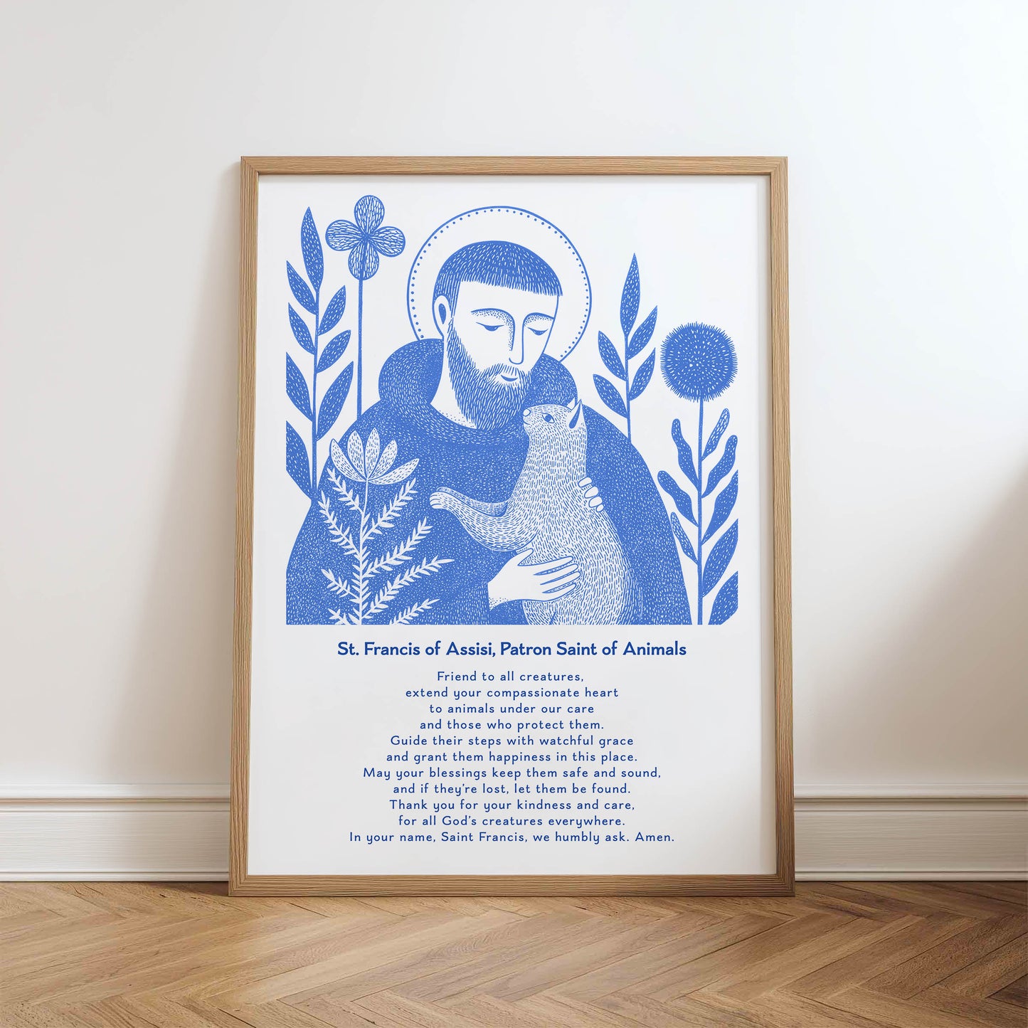 St Francis with Cat Art Print - Blue physical art print mockup