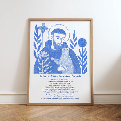 St Francis with Cat Art Print - Blue physical art print mockup