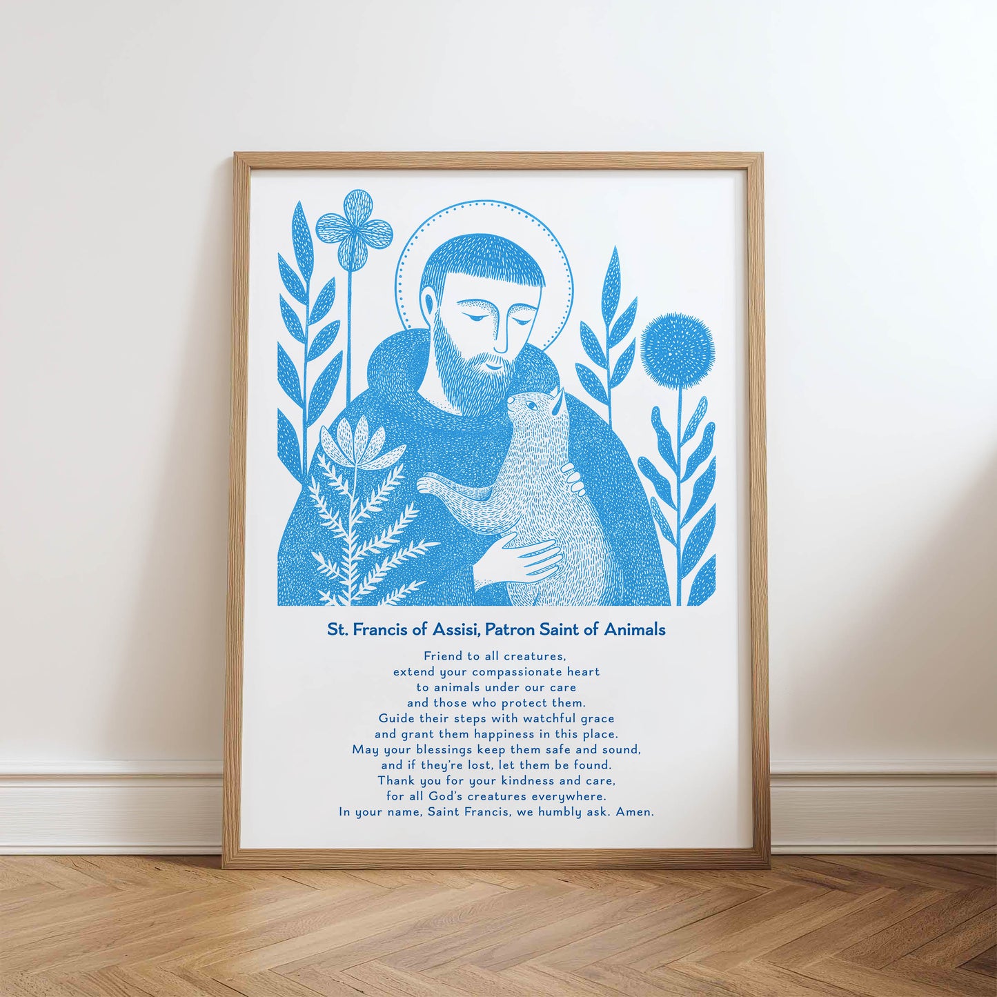 St Francis with Cat Art Print - Deep Blue physical art print mockup