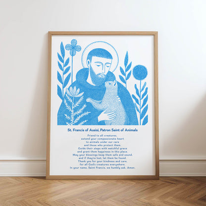 St Francis with Cat Art Print - Deep Blue physical art print mockup