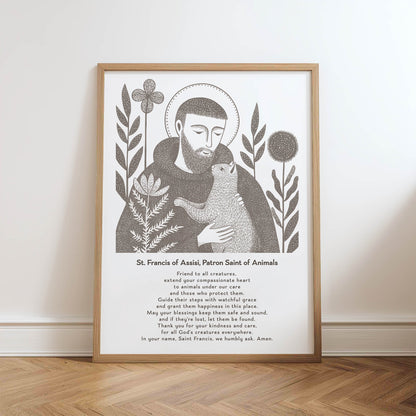 St Francis with Cat Art Print - Brown physical art print mockup