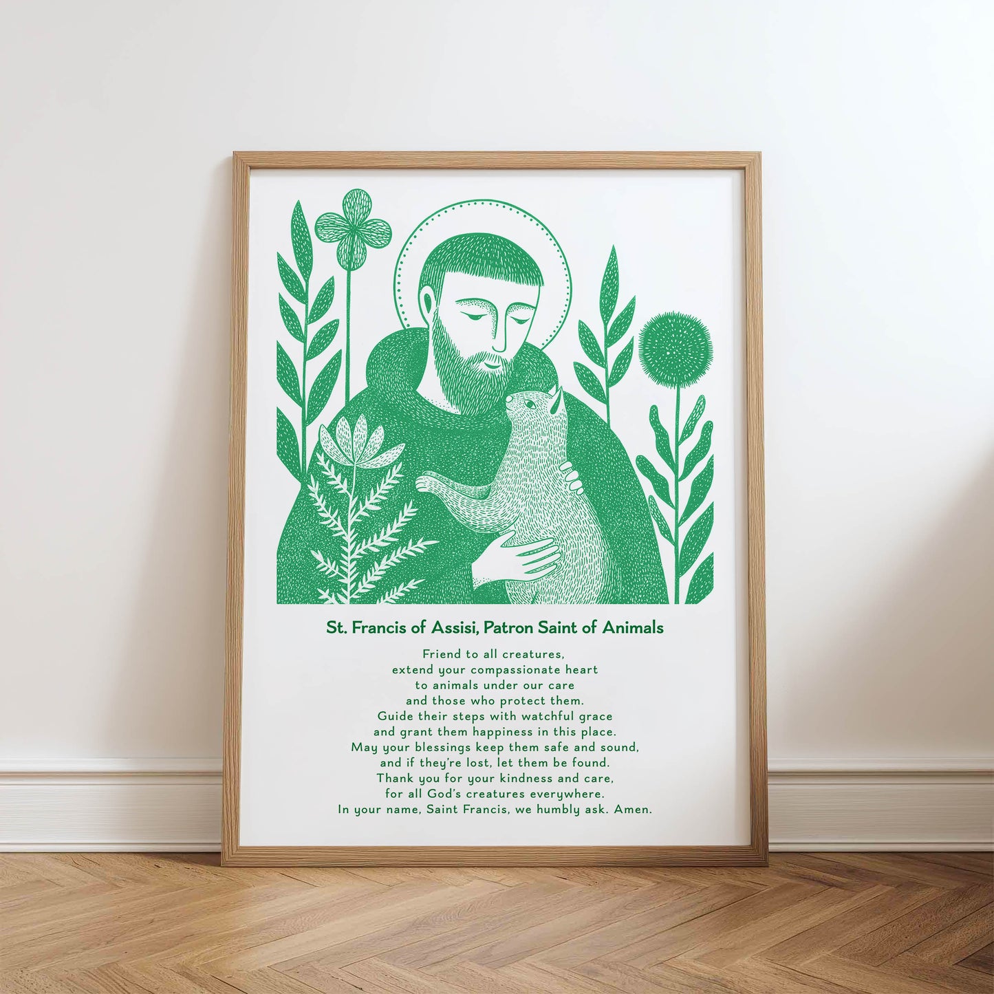 St Francis with Cat Art Print - Green physical art print mockup