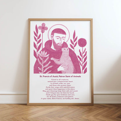 St Francis with Cat Art Print - Pink physical art print mockup