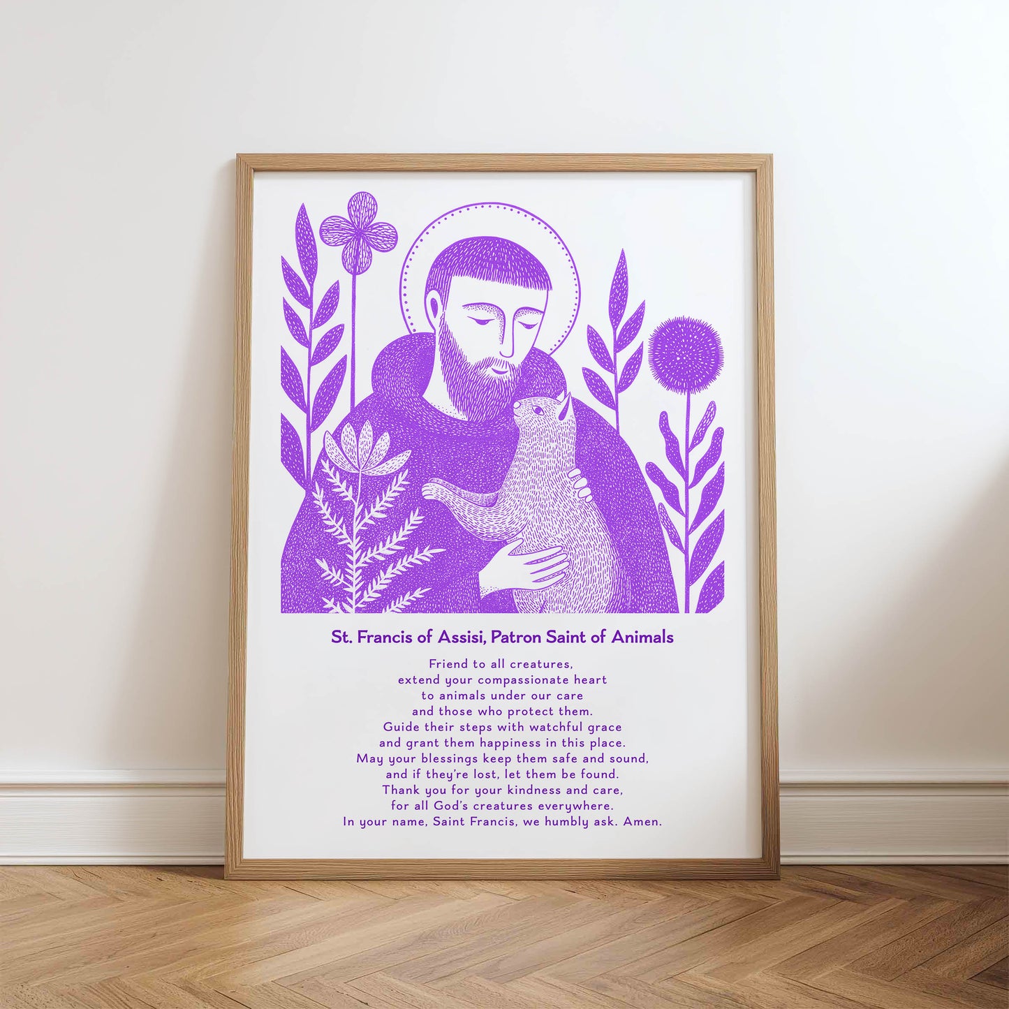 St Francis with Cat Art Print - Purple physical art print mockup