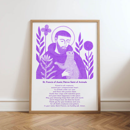 St Francis with Cat Art Print - Purple physical art print mockup
