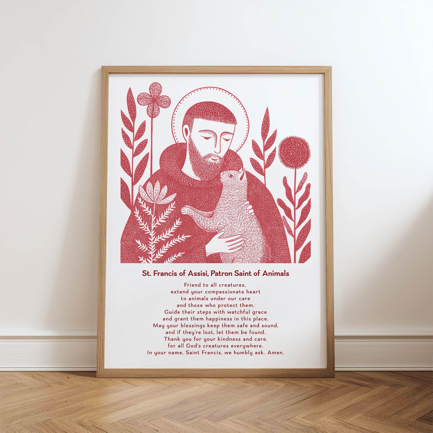 St Francis with Cat Art Print - Red physical art print mockup