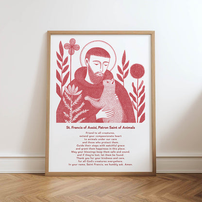 St Francis with Cat Art Print - Red physical art print mockup