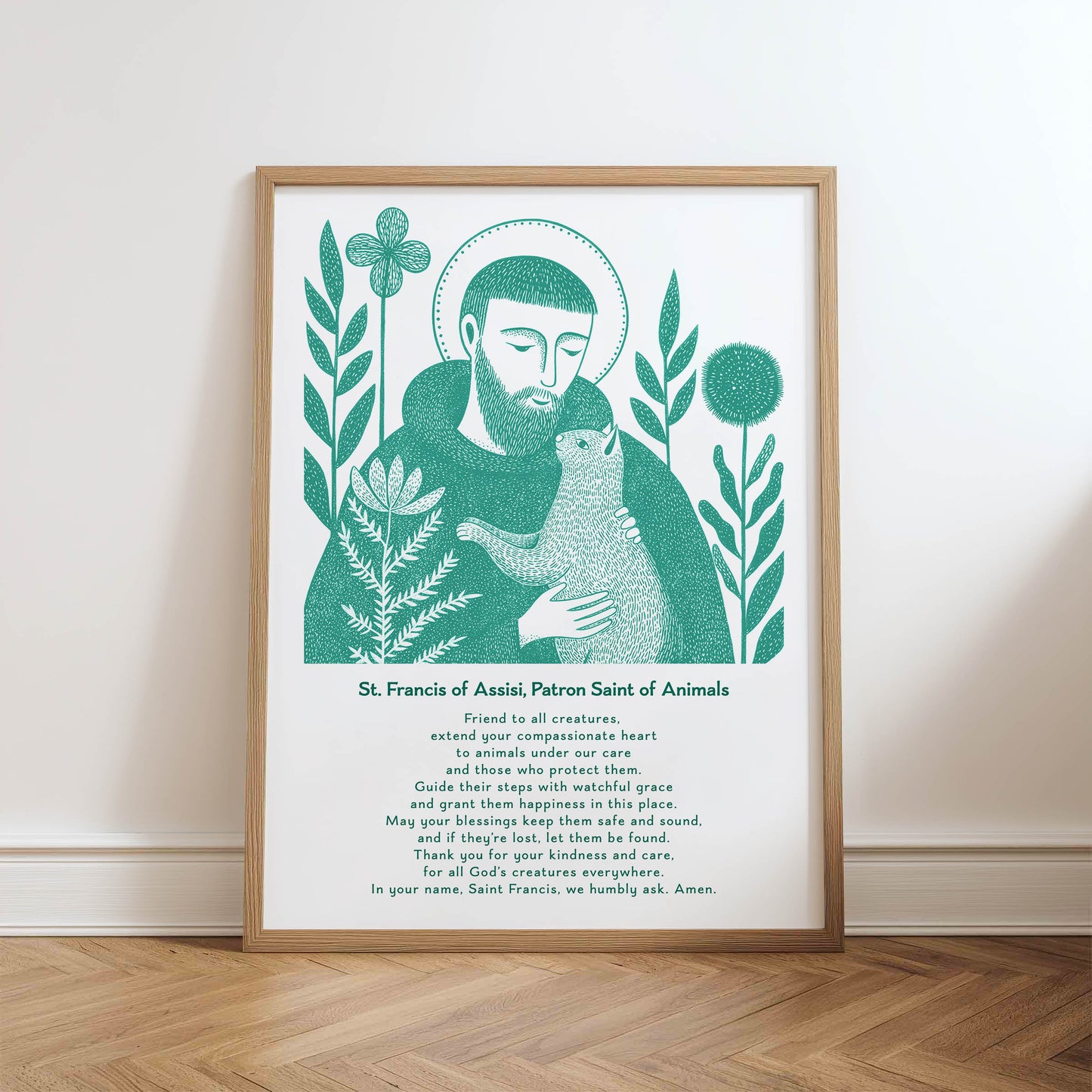 St Francis with Cat Art Print - Teal physical art print mockup
