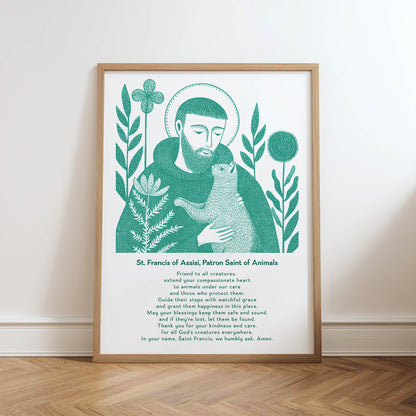 St Francis with Cat Art Print - Teal physical art print mockup