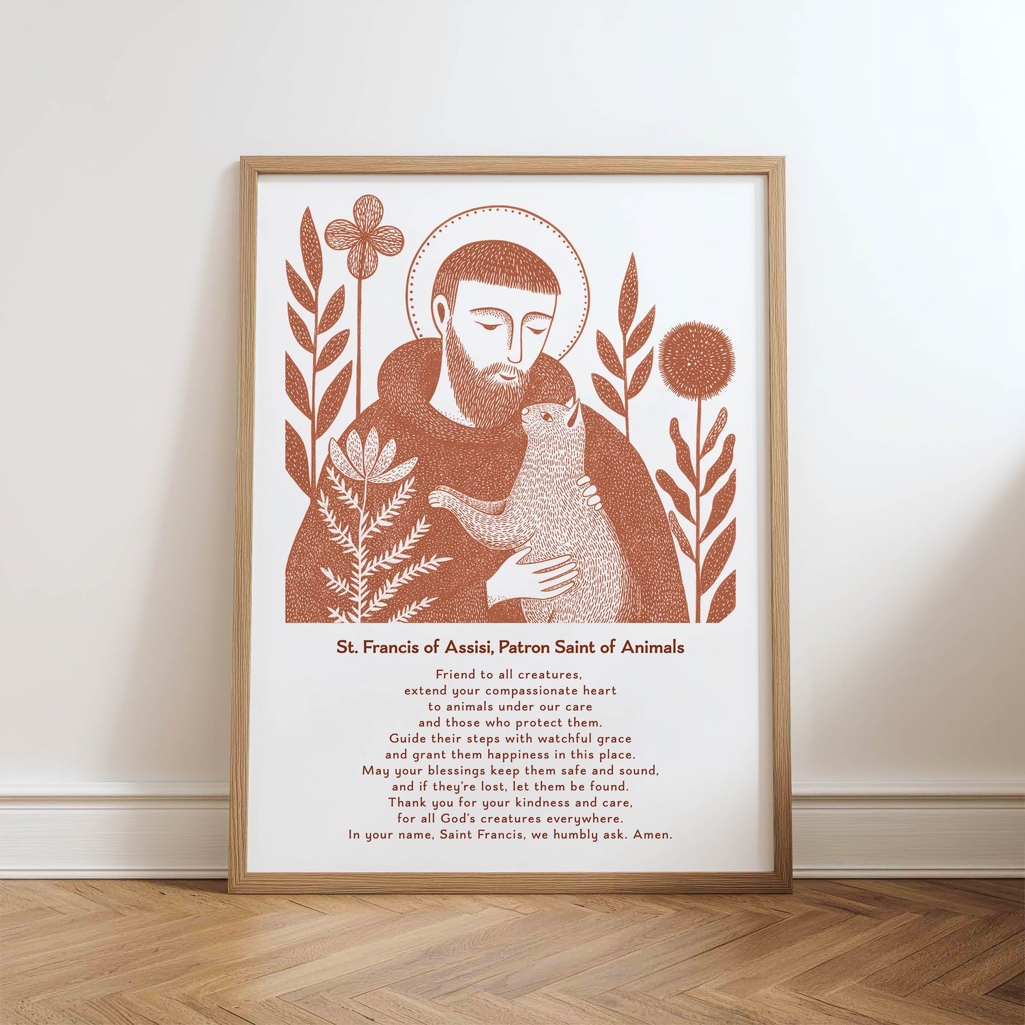 St Francis with Cat Art Print - Terracotta physical art print mockup
