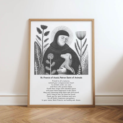 St Francis with Dog Art Print - Black physical art print mockup