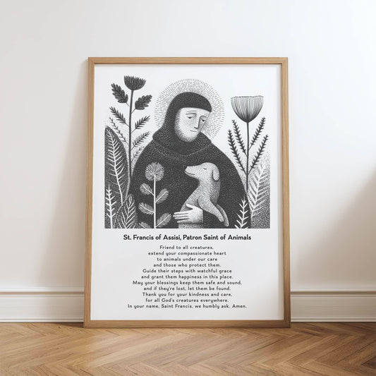 St Francis with Dog Art Print - Black physical art print mockup