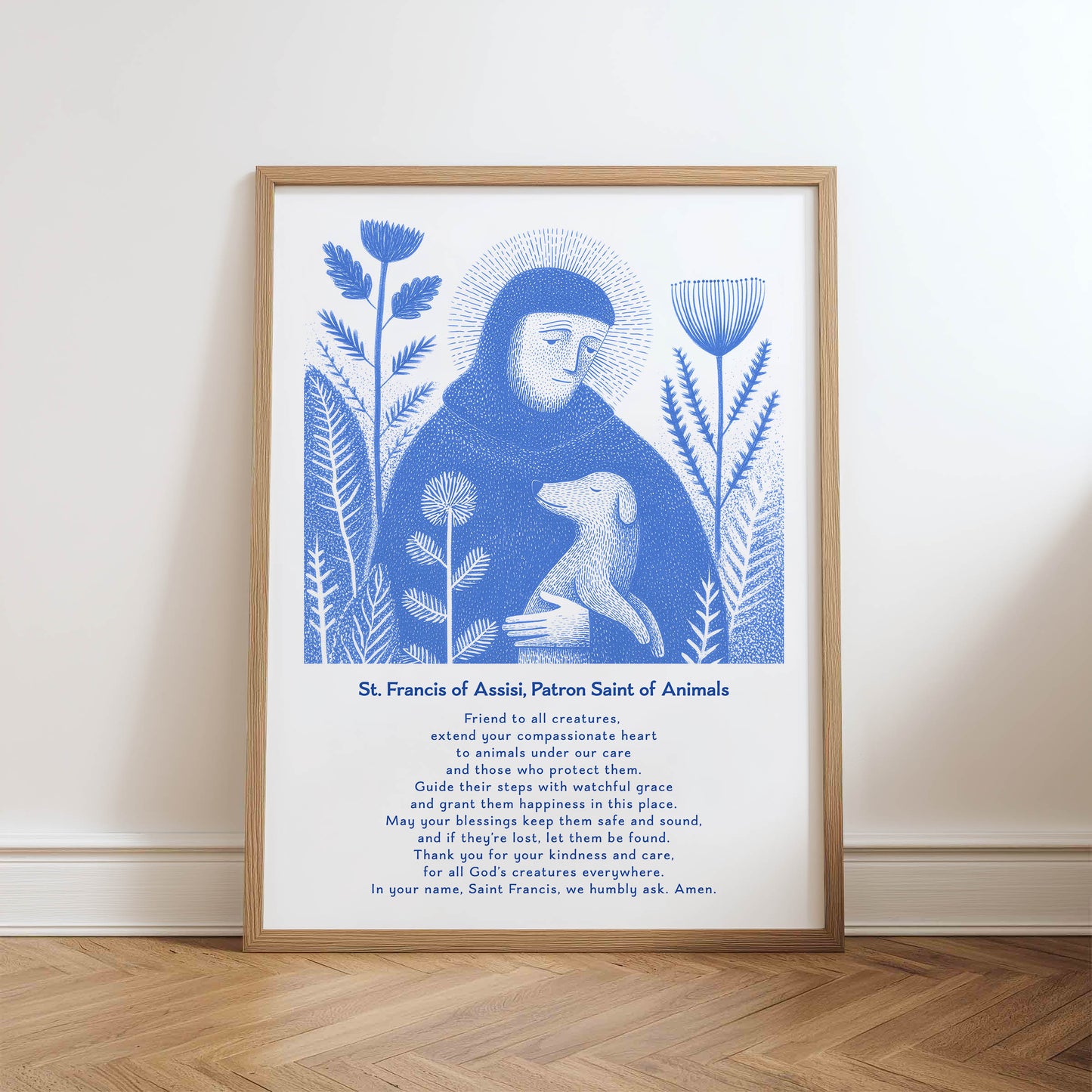 St Francis with Dog Art Print - Blue physical art print mockup