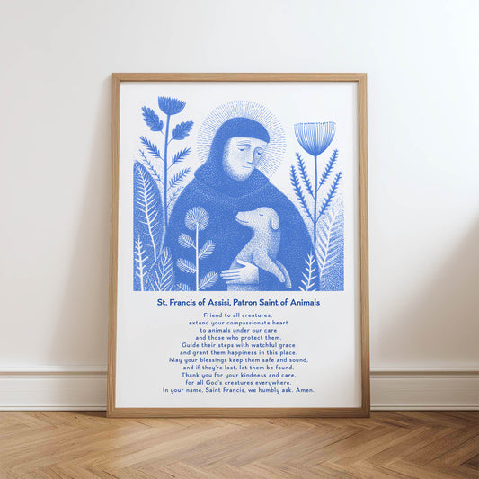 St Francis with Dog Art Print - Blue physical art print mockup