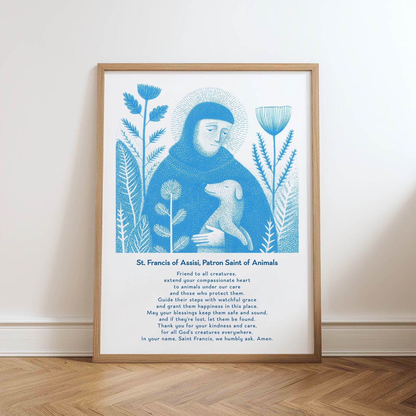 St Francis with Dog Art Print - Deep Blue physical art print mockup