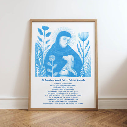 St Francis with Dog Art Print - Deep Blue physical art print mockup
