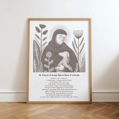 St Francis with Dog Art Print - Brown physical art print mockup