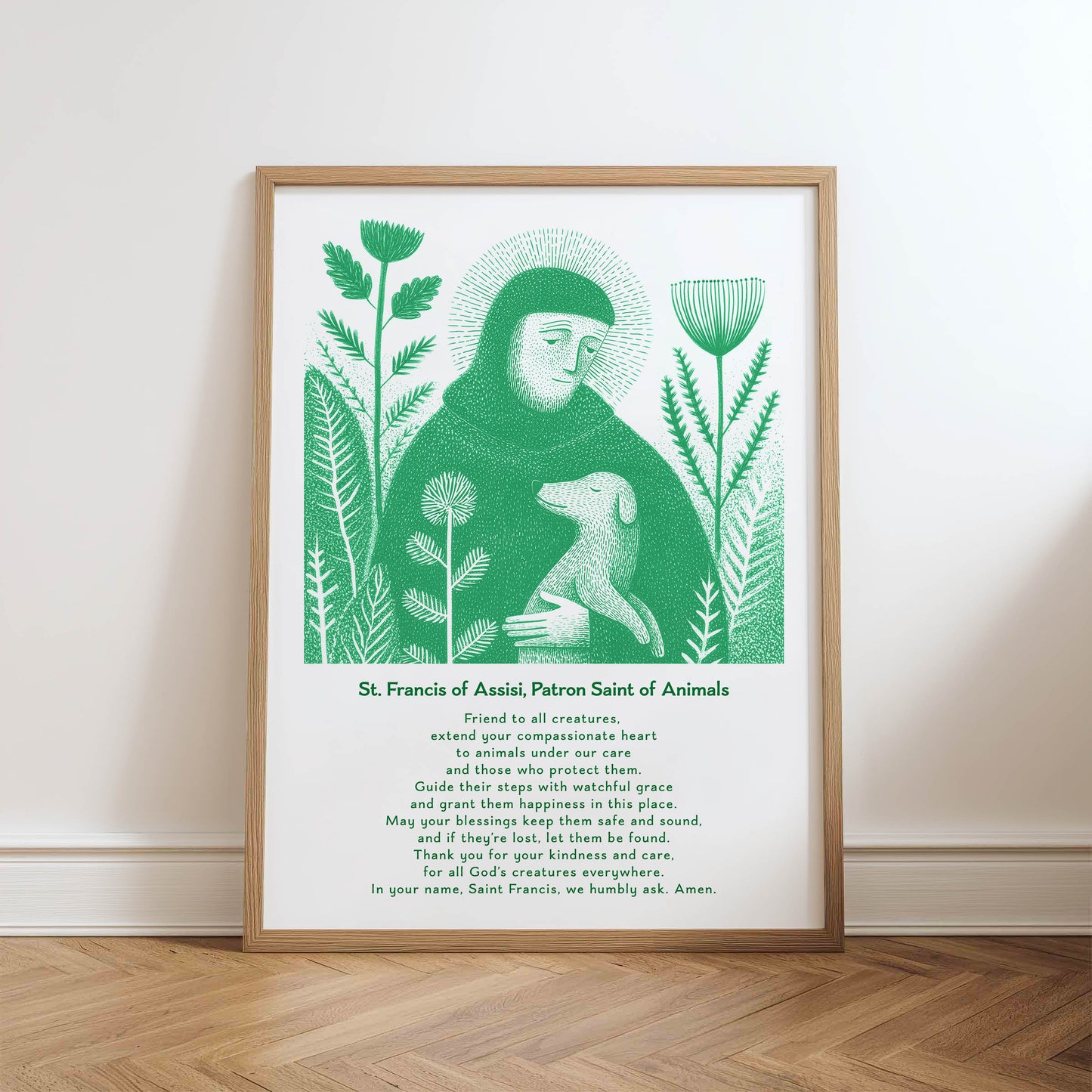 St Francis with Dog Art Print - Green physical art print mockup