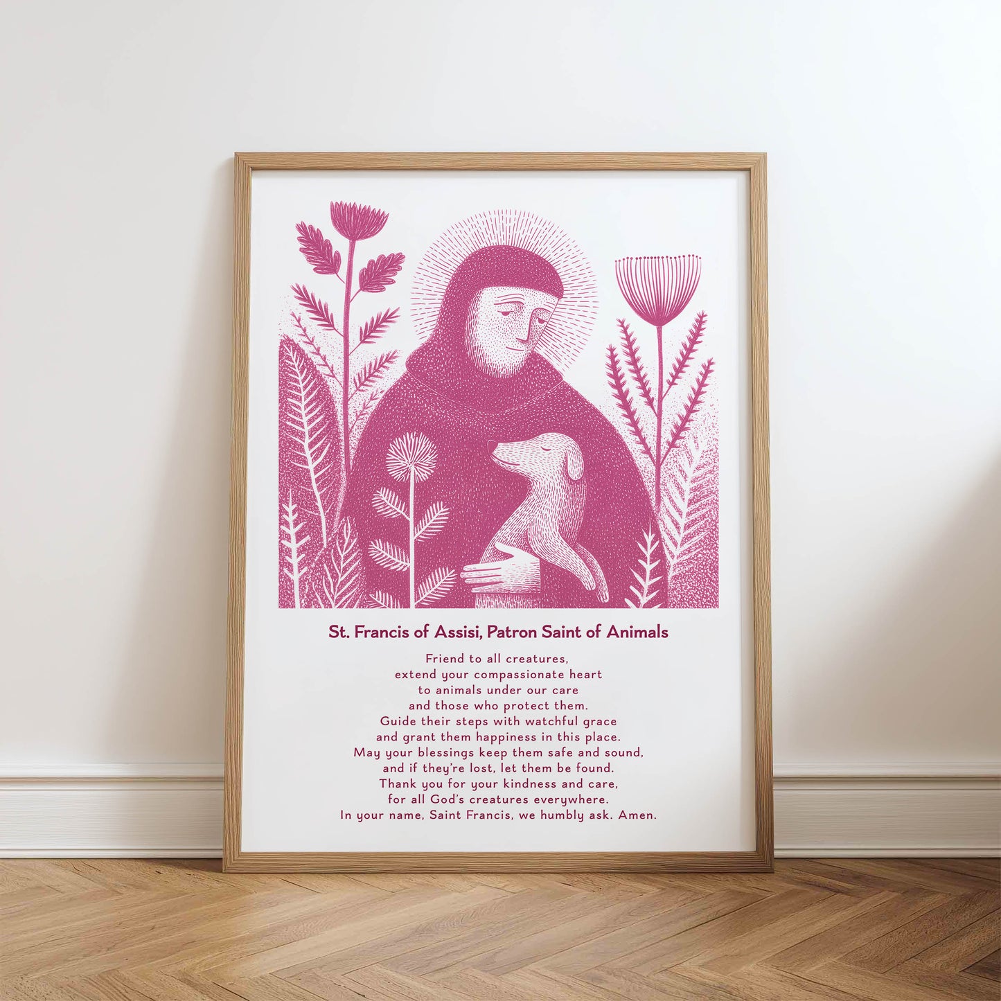 St Francis with Dog Art Print - Pink physical art print mockup