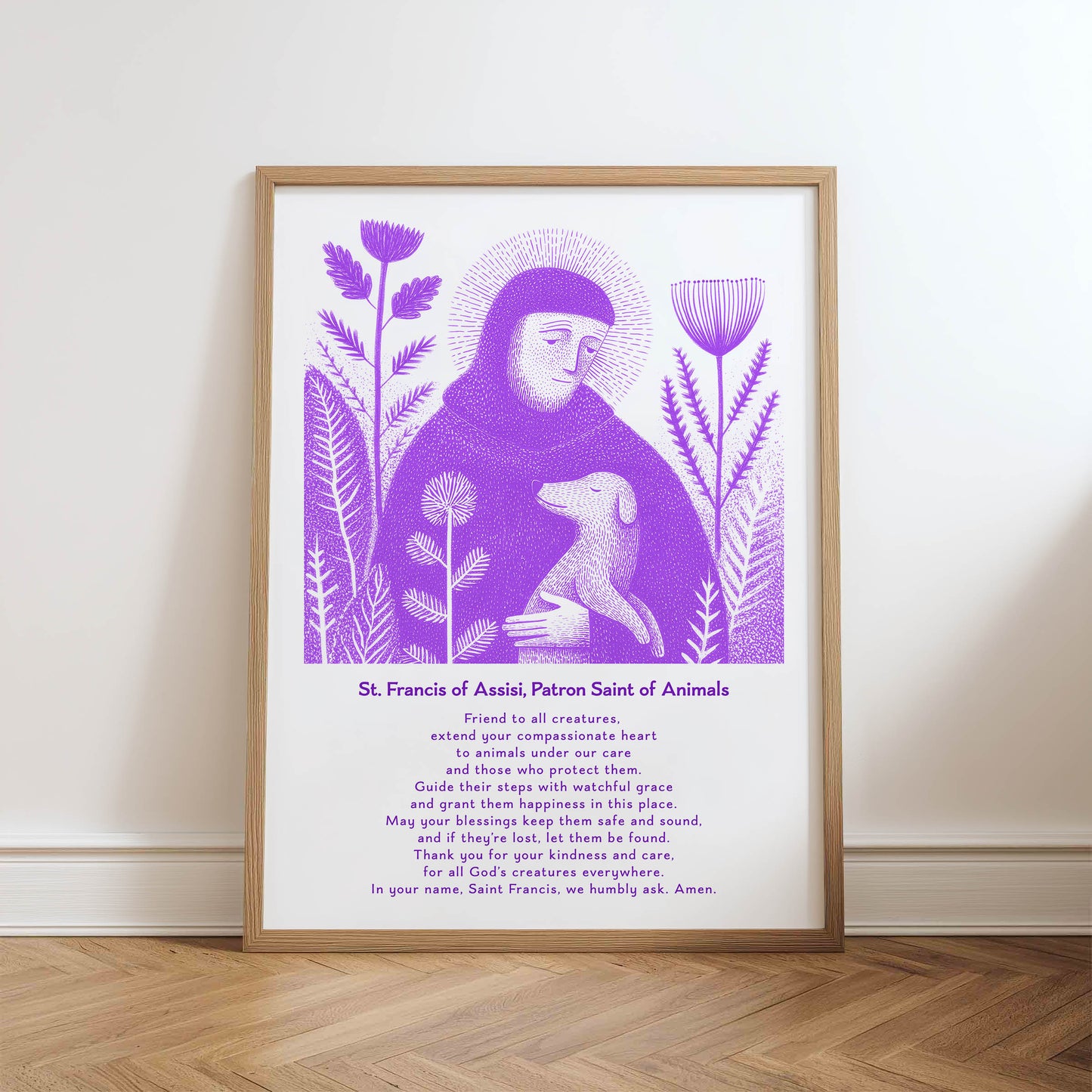 St Francis with Dog Art Print - Purple physical art print mockup