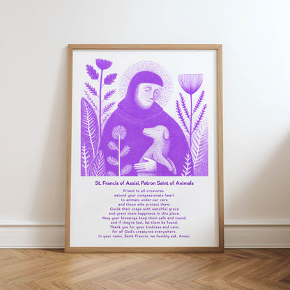 St Francis with Dog Art Print - Purple physical art print mockup