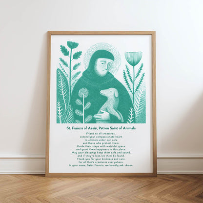 St Francis with Dog Art Print - Teal physical art print mockup