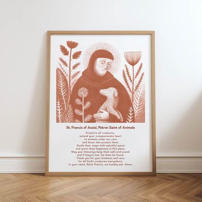 St Francis with Dog Art Print - Terracotta physical art print mockup