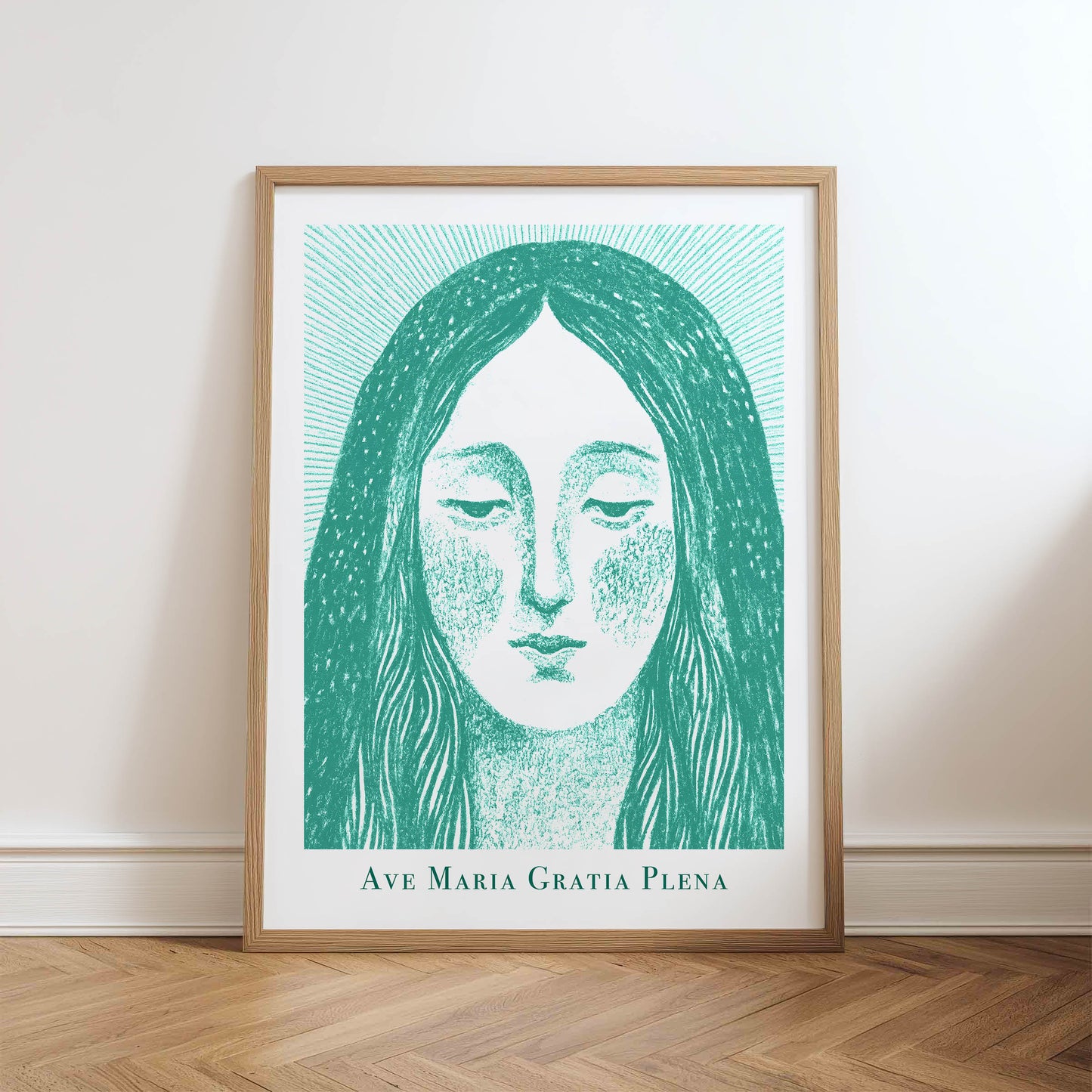 Virgin Mary Art Print - Teal physical art print mockup