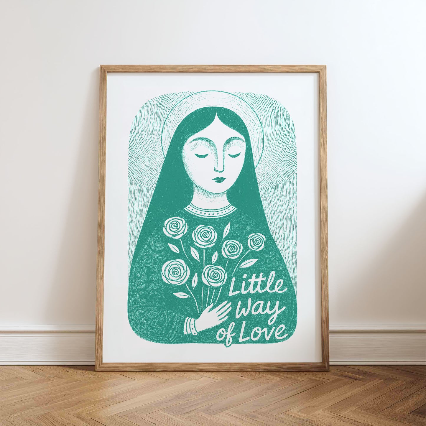 St Therese of Lisieux Art Print - Teal physical art print mockup
