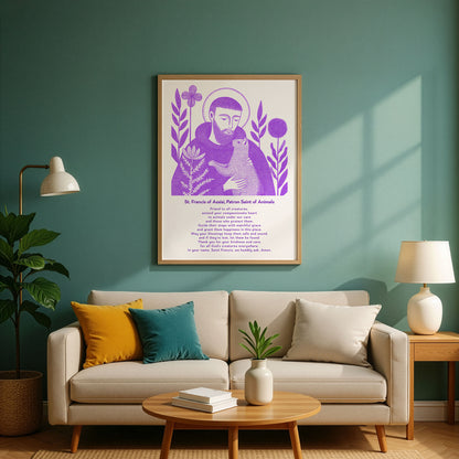 St Francis with Cat Art Print - Purple interior mockup 03 - p_10_franc_cat_0000_Layer 4