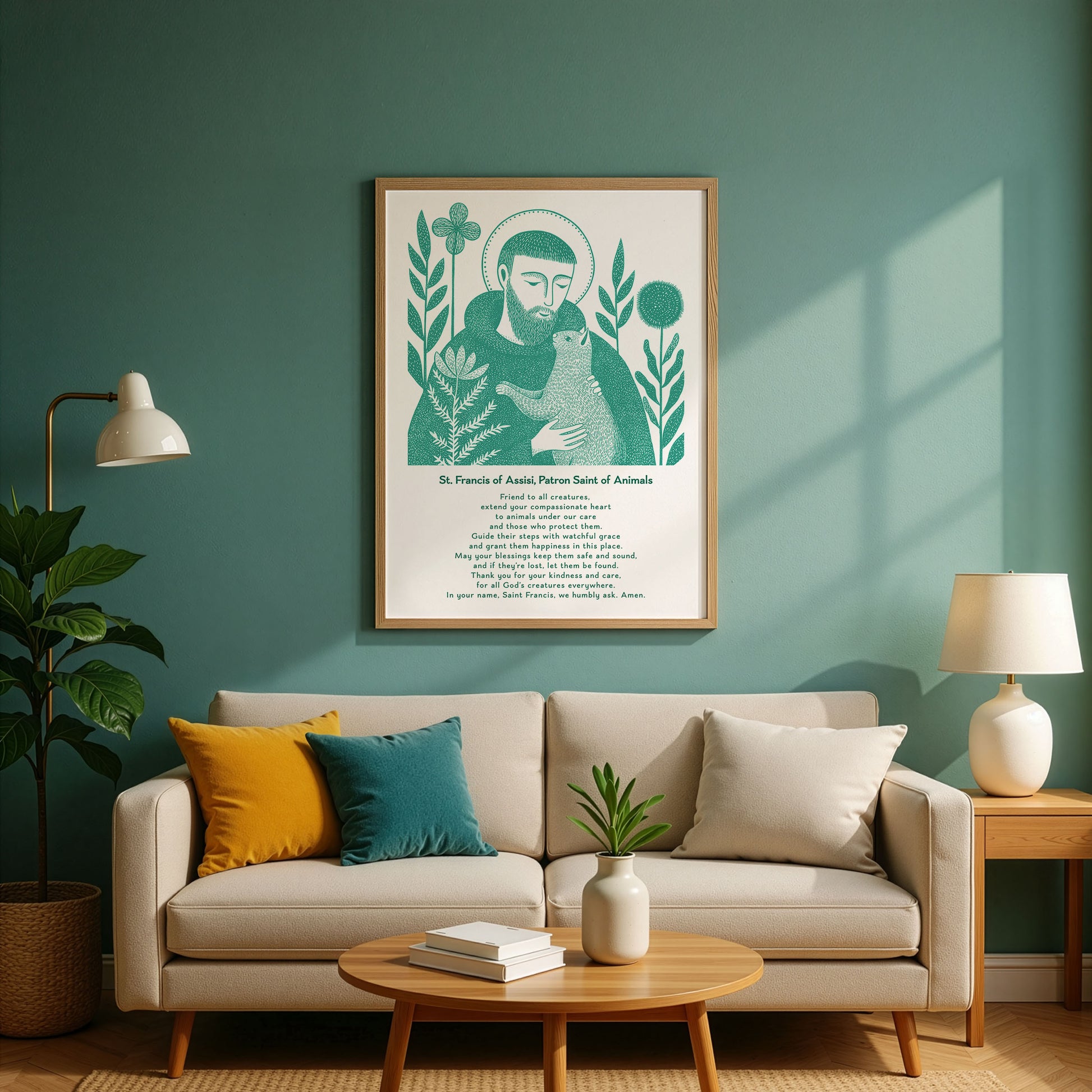 St Francis with Cat Art Print - Teal interior mockup 03 - p_10_franc_cat_0001_Layer 3