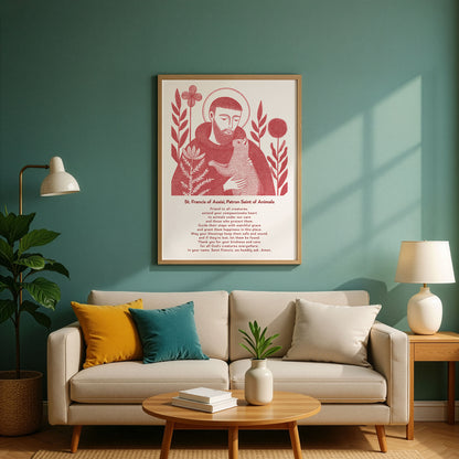 St Francis with Cat Art Print - Red interior mockup 03 - p_10_franc_cat_0002_Layer 2