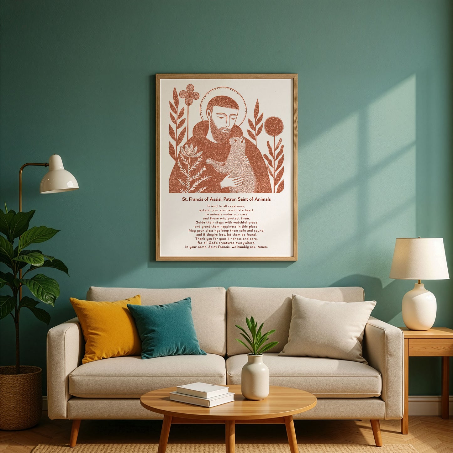 St Francis with Cat Art Print - Terracotta interior mockup 03 - p_10_franc_cat_0003_Layer 1