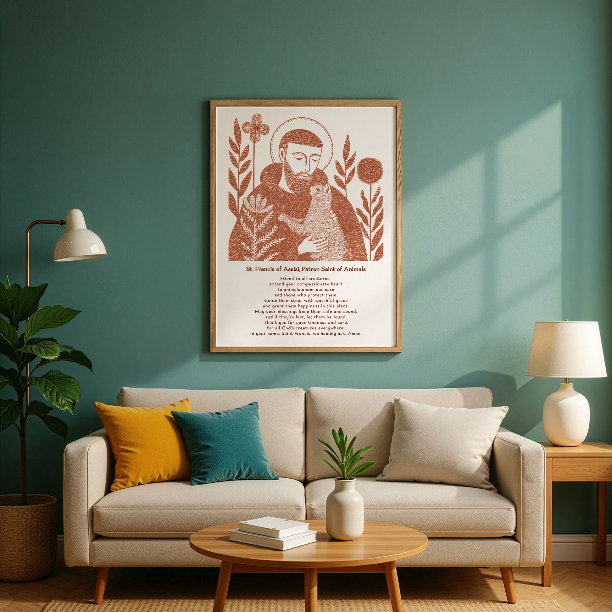 St Francis with Cat Art Print - Terracotta interior mockup 03 - p_10_franc_cat_0003_Layer 1