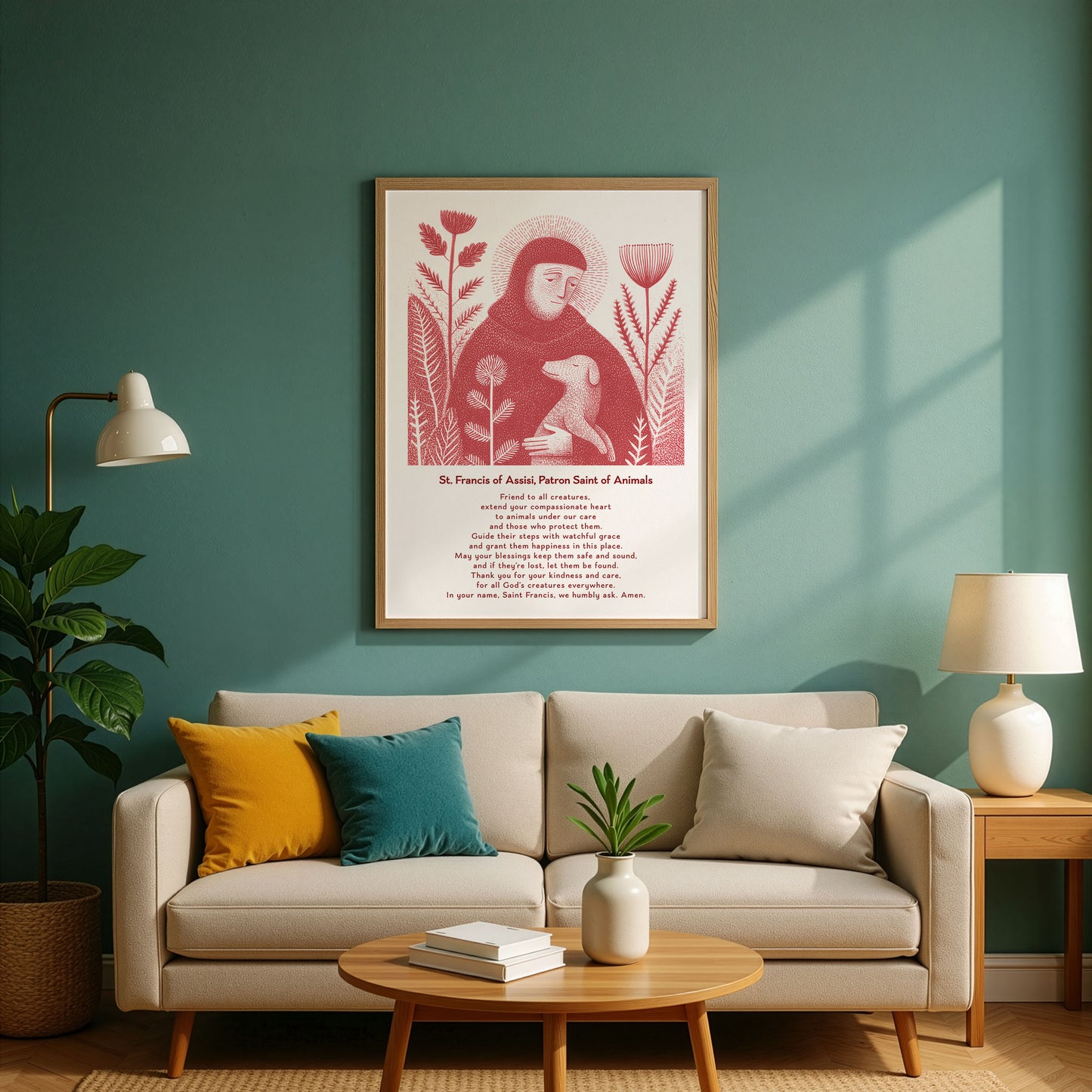 St Francis with Dog Art Print - Red interior mockup 03 - p_10_franc_dog_0001_Layer 3