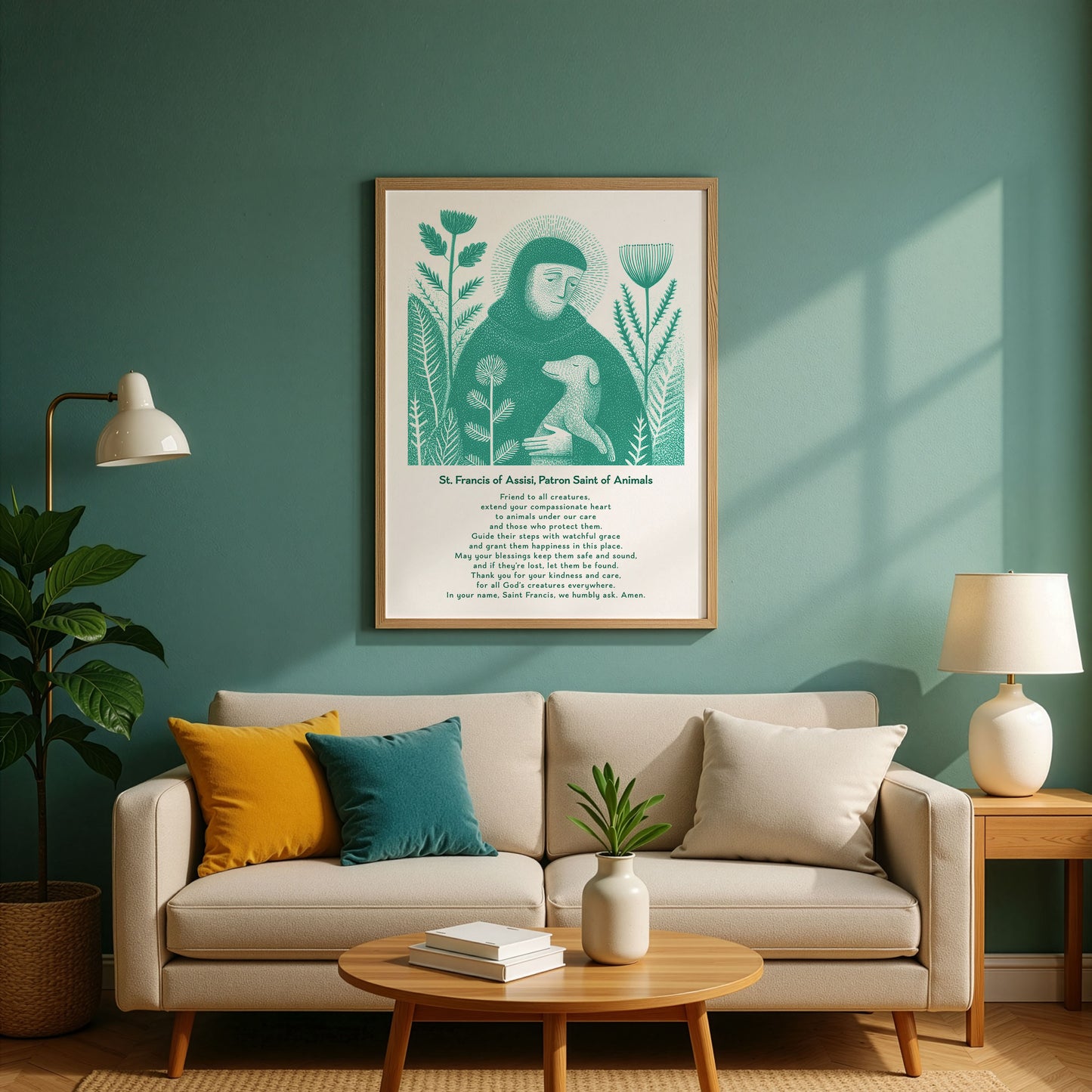 St Francis with Dog Art Print - Teal interior mockup 03 - p_10_franc_dog_0002_Layer 2