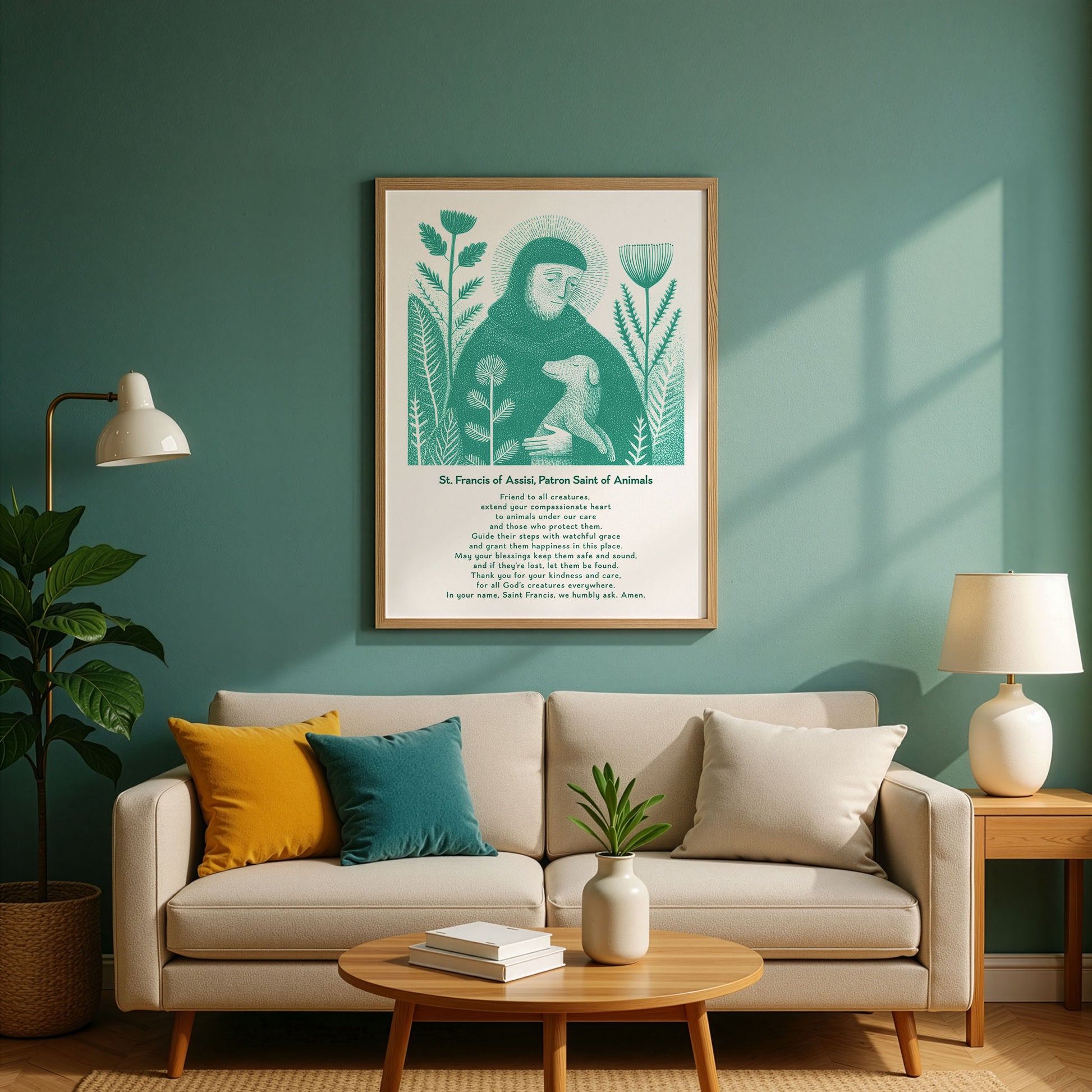 St Francis with Dog Art Print - Teal interior mockup 03 - p_10_franc_dog_0002_Layer 2
