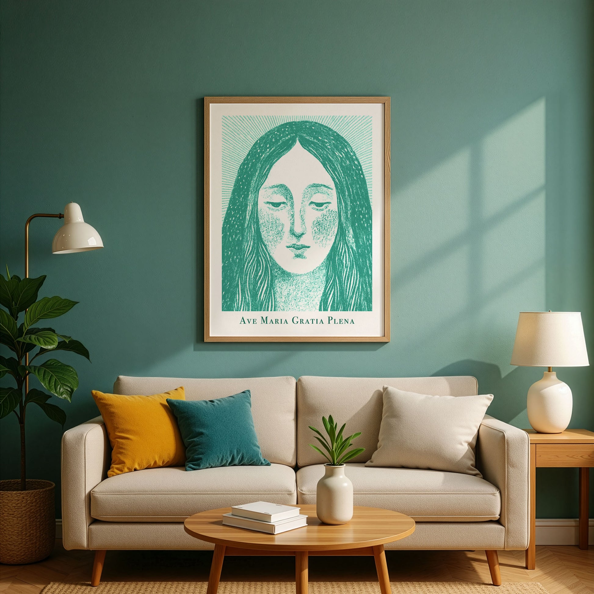 Virgin Mary Art Print - Teal interior mockup 02 - p_10_maria_0002_Layer 2