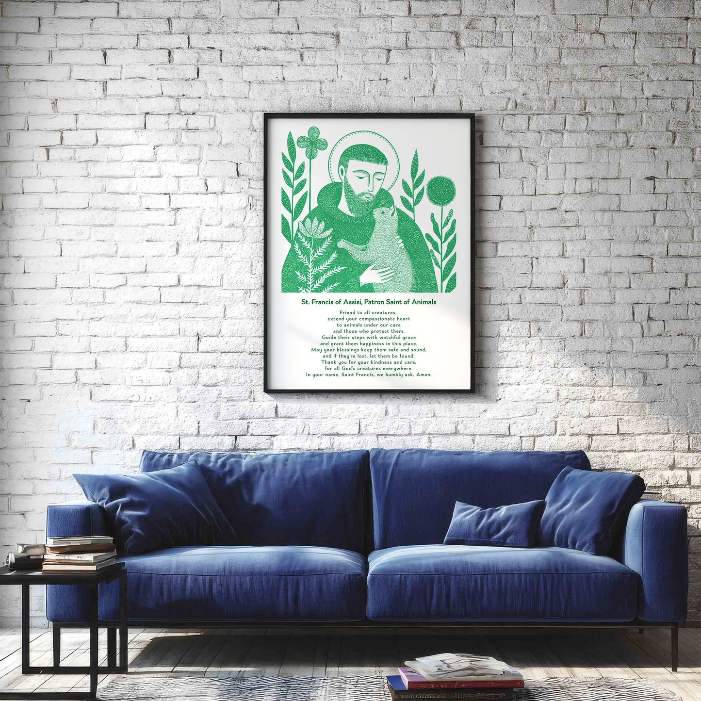 St Francis with Cat Art Print - Green interior mockup 03 - p_11_franc_cat_0000_Layer 2