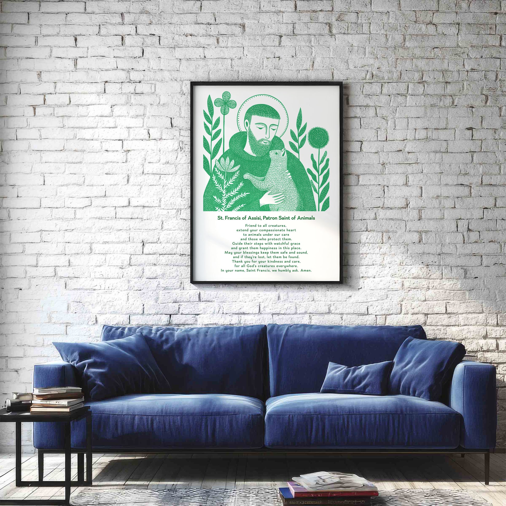 St Francis with Cat Art Print - Green interior mockup 03 - p_11_franc_cat_0000_Layer 2
