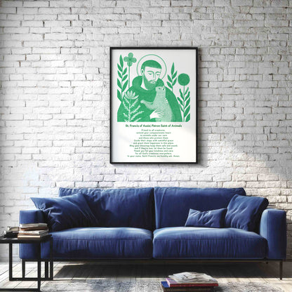 St Francis with Cat Art Print - Green interior mockup 03 - p_11_franc_cat_0000_Layer 2