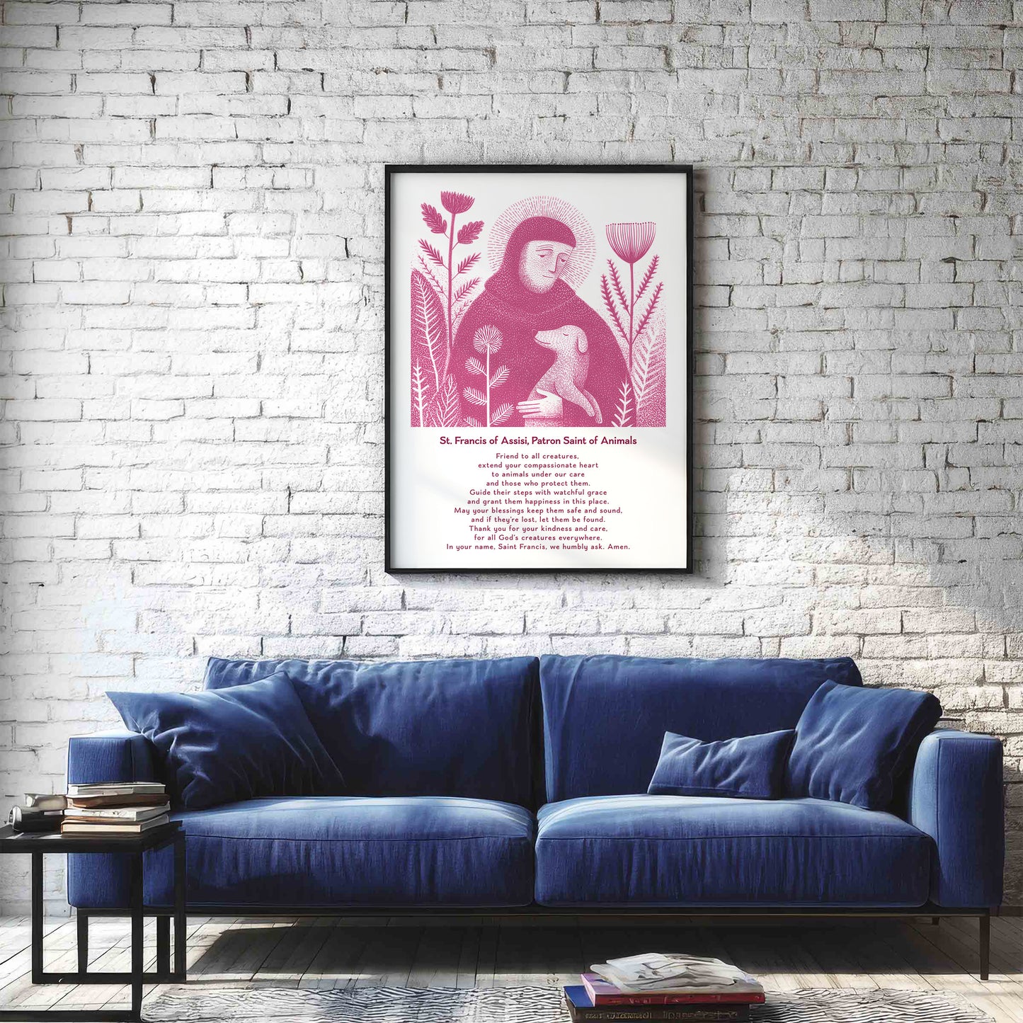 St Francis with Dog Art Print - Pink interior mockup 03 - p_11_franc_dog_0001_Layer 1